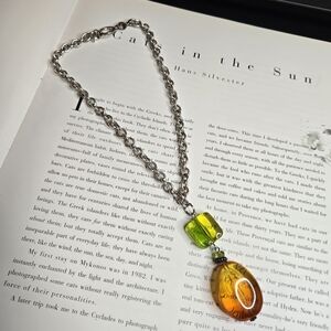 VINTAGE Silver Necklace with Green and Orange Pendants